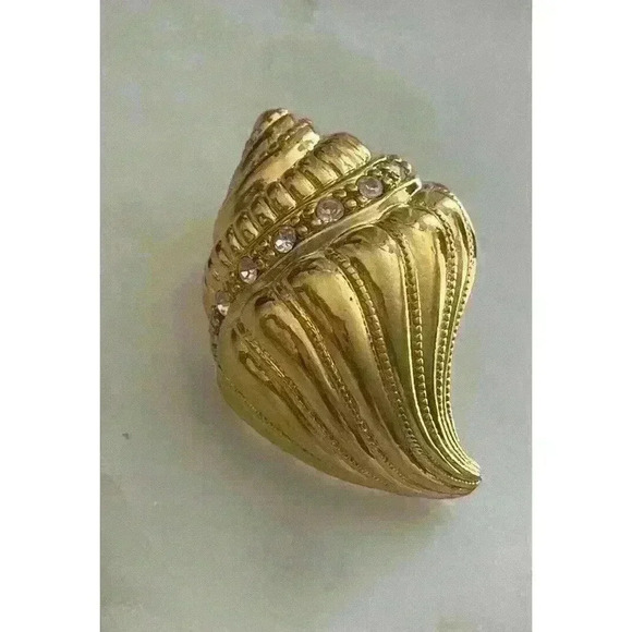 KJL Kenneth Jay Lane Avon Gold Tone Rhinestone Seashell Scarf C:lip / Extender - Picture 1 of 10